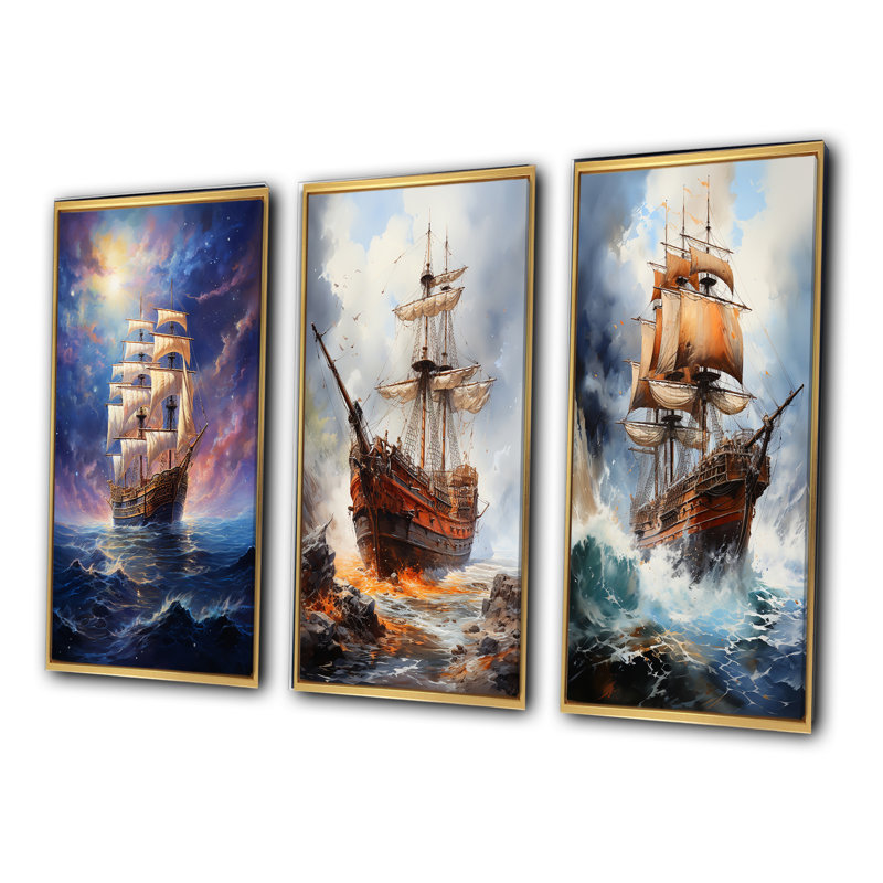 «Pirate Oceans Embrace», 3 pièces sur toile, H 28 po x l 36 po, Cadre flottant doré
