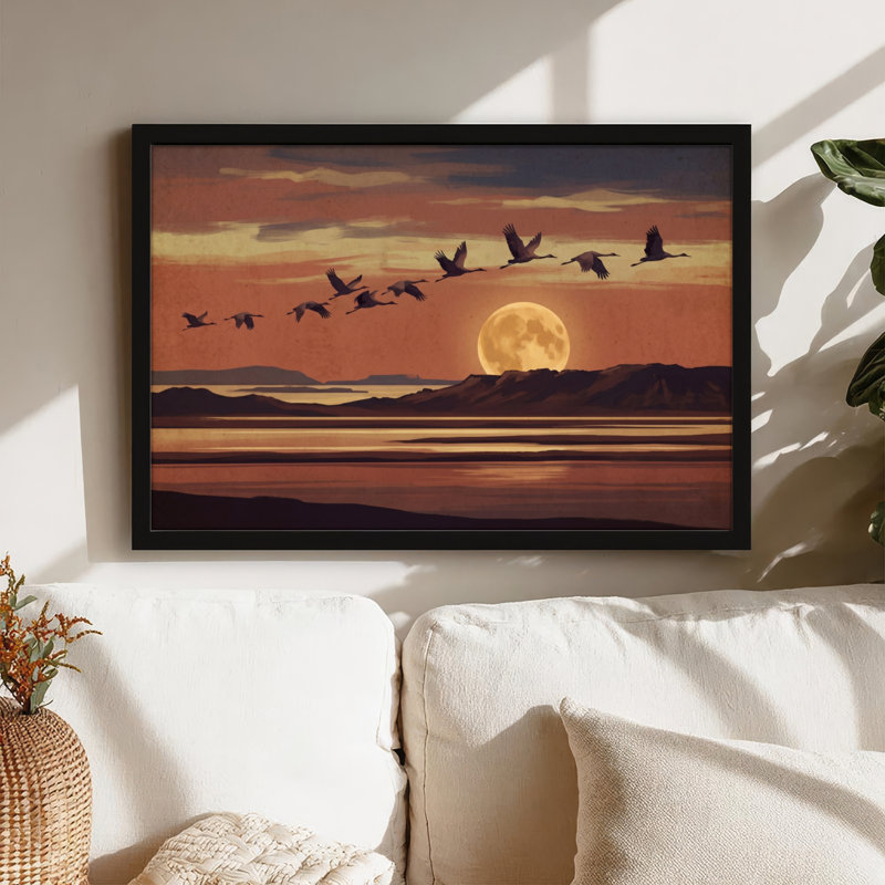 Toile noire encadrée en bois noir pour le salon, la chambre à coucher, le bureau ou le vestibule - décoration murale décorative avec vol au clair de lune