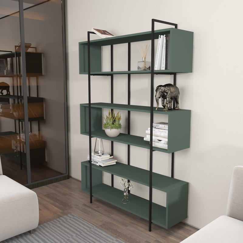 Modern Green & Black Bookshelf, 47.2 x 70.9 x 11.6 inches | 100% Melamine Coated Particle Board, Thickness: 0.7 inches | Stylish Storage Solution for Home or Office, Durable and Elegant Design