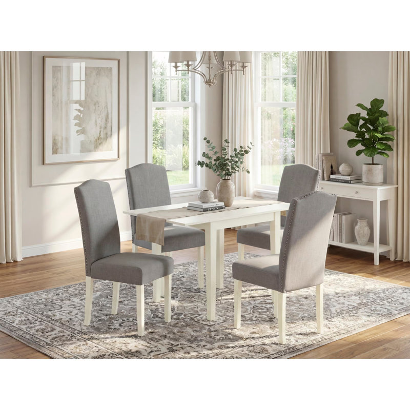 L'ensemble de table de salle à manger 5 pièces pour 4 personnes comprend une table de cuisine rectangulaire avec Dropleaf et 4 chaises rembourrées en lin Shitake foncé, 30 x 48 pouces, blanc lin