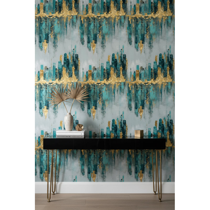 Abstract Cityscape Wallpaper Teal Removable Gold Wall Double Roll