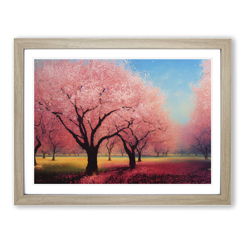 Bright Cherry Blossom Trees - Single Picture Frame Print, 46cm H x 64cm W x 2cm D, Oak Framed