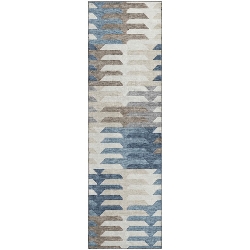 Premium Machine Washable Mayfield AMF2328 Geometric Rug, Denim, 2'3" x 7'6" Runner
