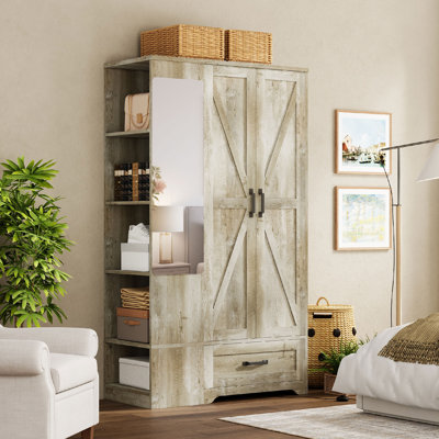 70" Wooden Bedroom Wardrobe With Barn Doors And Drawers And Full Mirror And 5 Storage Shelves by August Grove