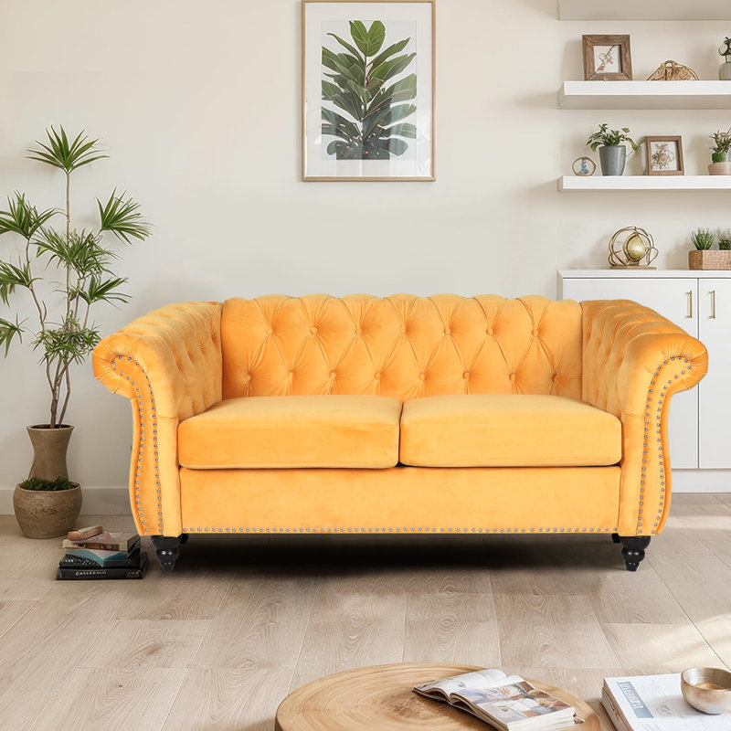 Johnette 62'' Velvet Rolled Arms Chesterfield Sofa, Yellow Velvet