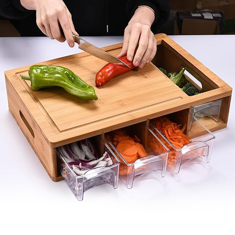 Bamboo Cutting Board with Clear Plastic Storage Trays