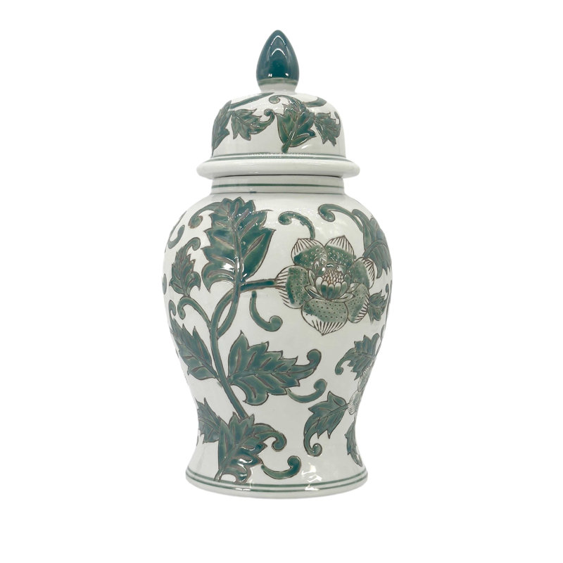 Green & White Chinoiserie Ginger Jar 14", Green/White