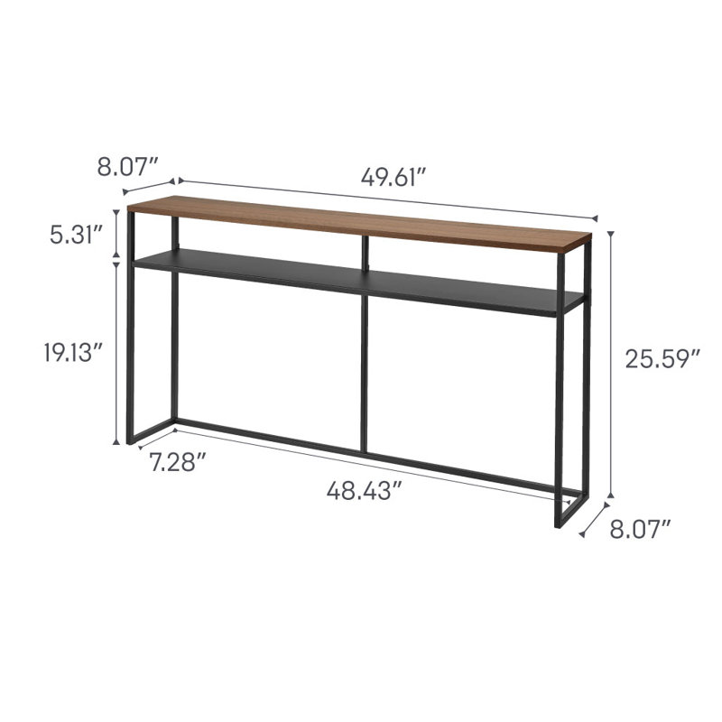 Slim Black Metal Console Table with Wooden Top and Shelf