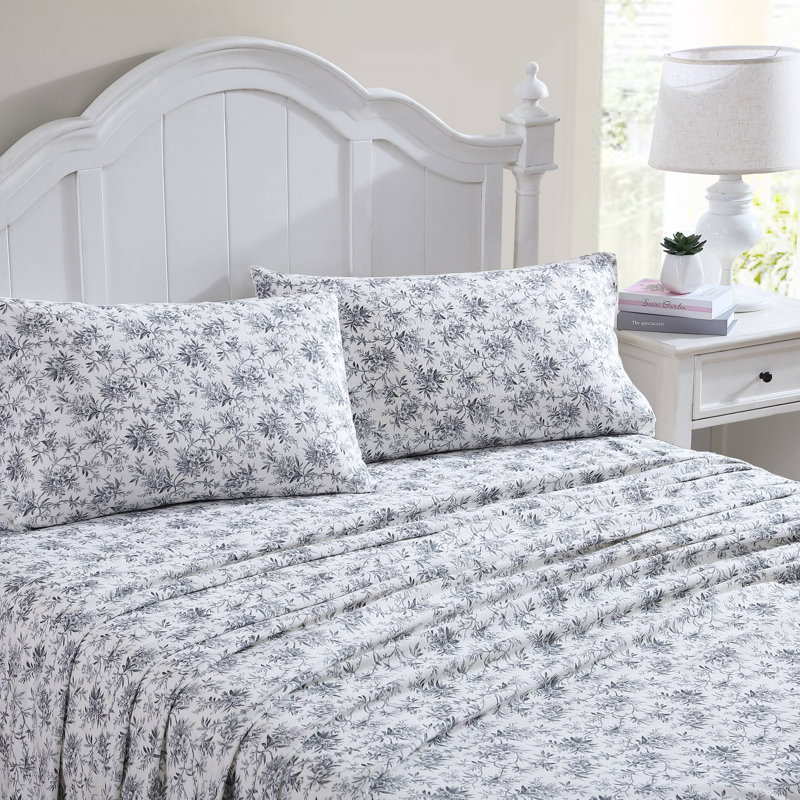 Brushed Cotton Flannel Sheet Set, Queen Sheet Set with 2 Pillowcases, Faye Toile Black