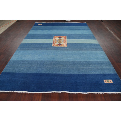 Tapis bleu en laine noué à la main de conception unique 6 pi 9 po x 9 pi 5 po New Age