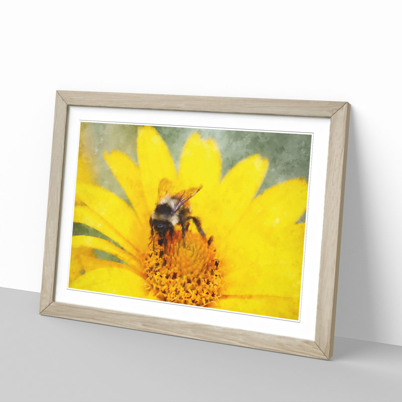 Bee Collecting Pollen - Single Picture Frame Painting on MDF, 24cm H x 33cm W x 2cm D, Oak