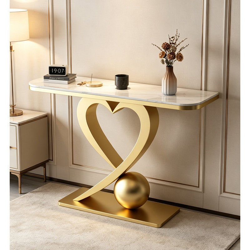 Console en marbre fritté en marbre avec structure en forme de cœur et base sphérique, H 33,46 po x l 39,37 po x P 11,81 po