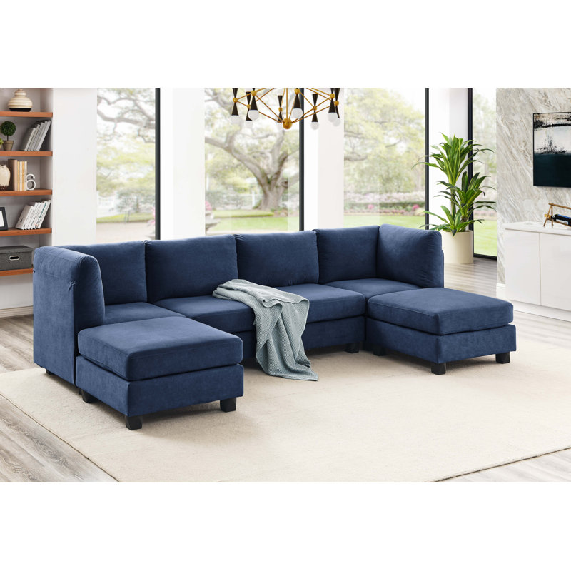Canapé modulaire en polyester 34,50 x 120,00 x 60,00 po, aménagement sur mesure et coussins amovibles, canapé rembourré en polyester avec pieds en plastique bleu foncé