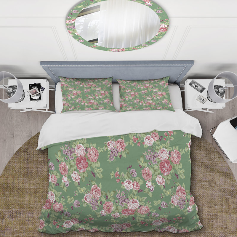 Fleurs roses et feuille - Ensemble de housse de couette floral - Polyester en microfibre