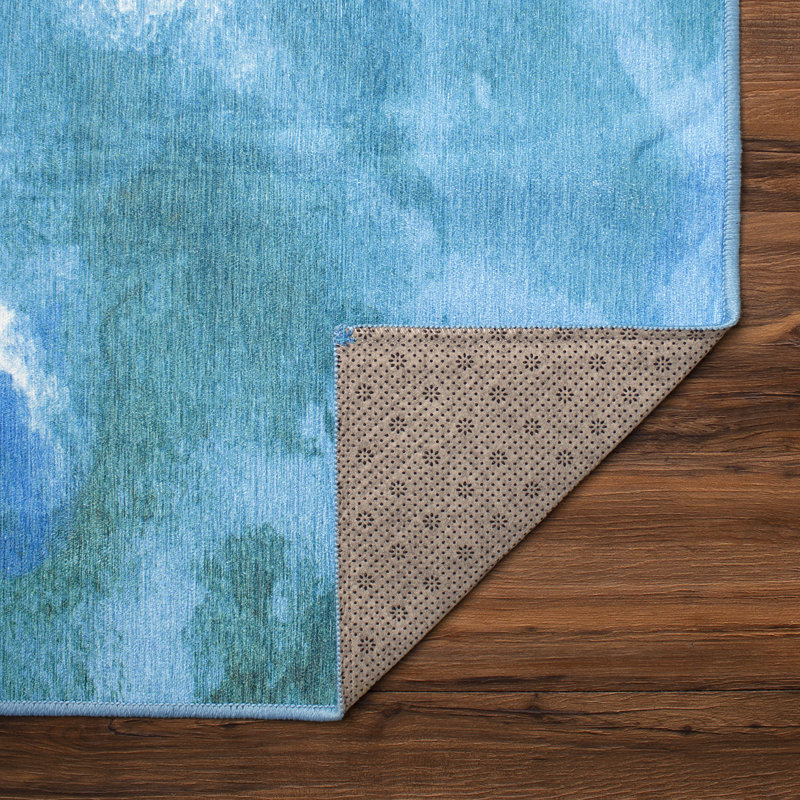 Watercolor Aqua Blue Performance Flatweave Washable Abstract Indoor / Outdoor Rug, Rectangle 5' x 7'
