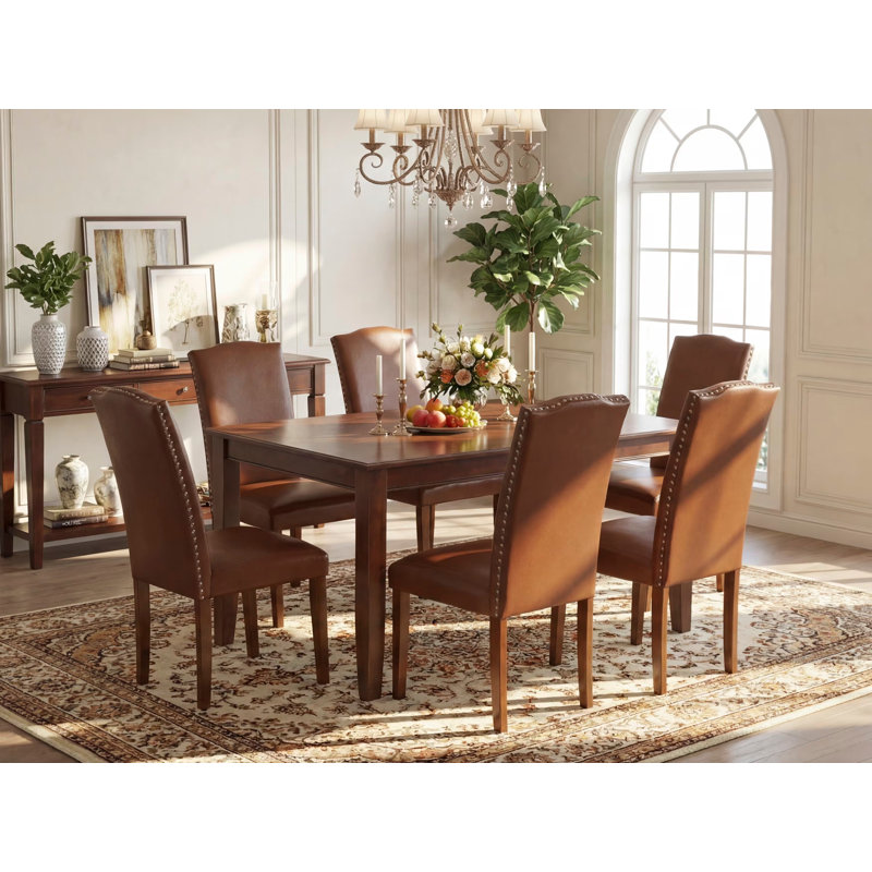 Ensemble de table de salle à manger 7 pièces composé d'une table de salle à manger rectangulaire et de 6 chaises de salle à manger Parson en simili cuir brun, acajou