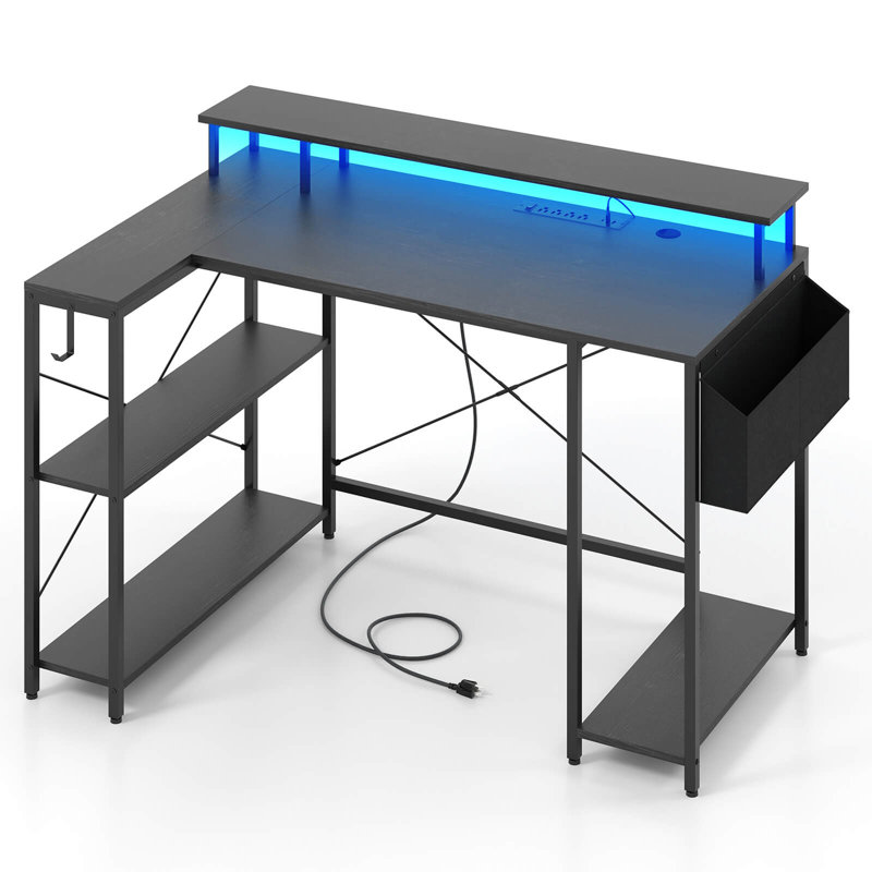 48" L-Shaped Gaming Desk with LED Lights & Power Outlets Storage Shelves Black, Black