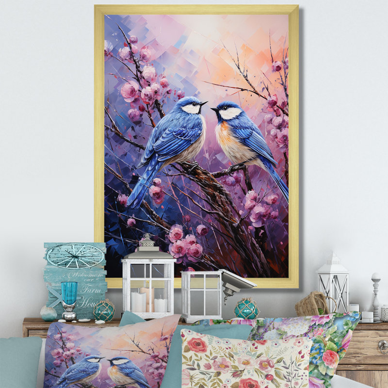 Impression sur toile - Chardon mauve et oiseaux bleus, H 20 po x l 12 po x P 1 po, Encadrement doré