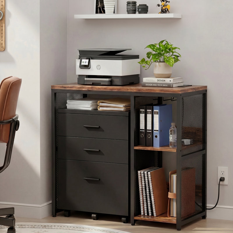 Industrial Coffee Bar Cabinet with Mini Fridge Space, Wine Storage & Built-in Power Outlet, Freestanding Liquor Cabinet for Dorm Living Room Kitchen‌, Rustic Brown