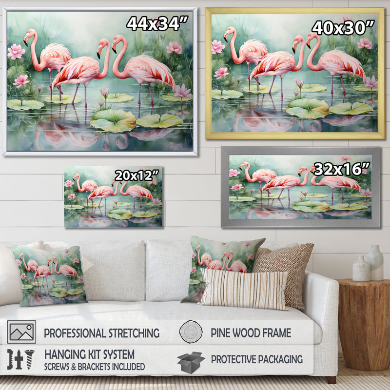 Élégant paradis flamant rose - décoration murale flamant rose, H 24 po x l 32 po x P 1 po, Toile tendue
