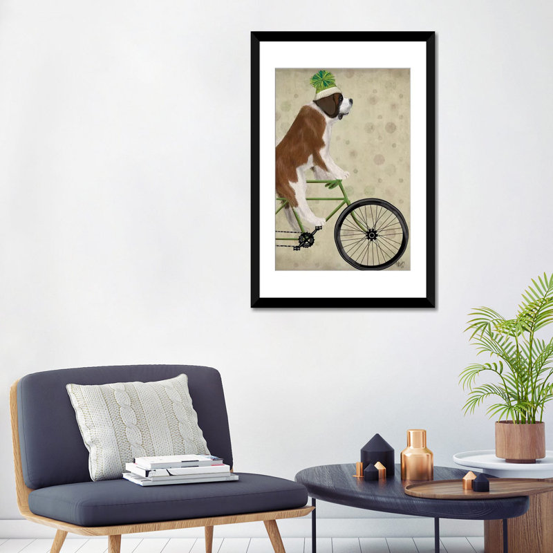 Fab Funky 'St. Bernard sur bicyclette, reproduction d'impression sur toile tendue, H 32 po x l 24 po x P 1 po, Blanc