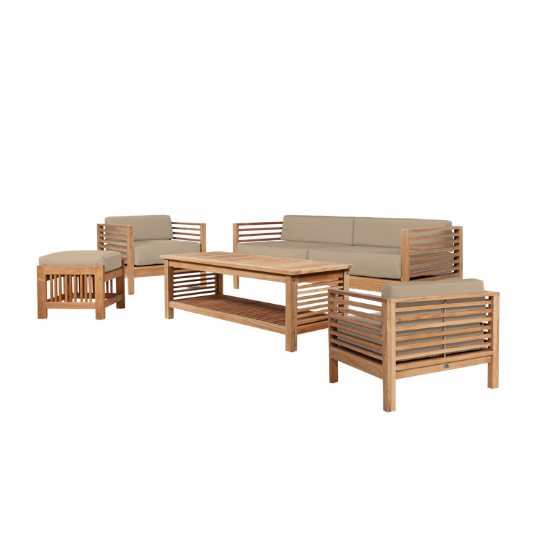 Summer 4 Piece Rattan Sunbrella Sofa Set with Cushions, Brown, Navy