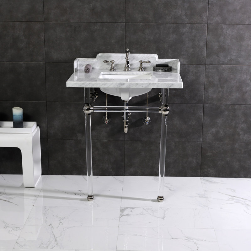 Kingston Brass Pemberton 30-Inch Carrara Marble Console Sink with Acrylic Legs (8-Inch, 3-Hole), Marble White/Polished Nickel