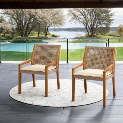 Acacia Wood & Wicker Outdoor Dining Chairs with Cream Cushions - 400-lb Capacity (Set of 2)