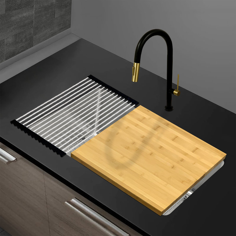Évier de cuisine à simple cuve en acier inoxydable KBFmore, 5 pièces Gadgets, Calibre 18, H 9 po x l 30 po x P 9 po