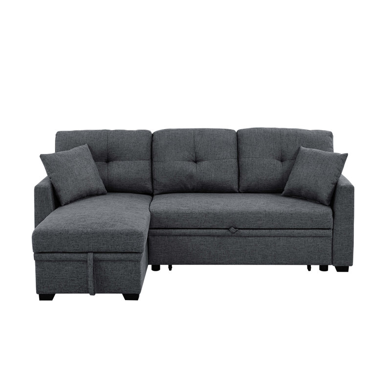 76.5" Linen Blend Upholstered Sectional With Pull-Out Bed And Chaise Storage, Dark Gray Linen Blend