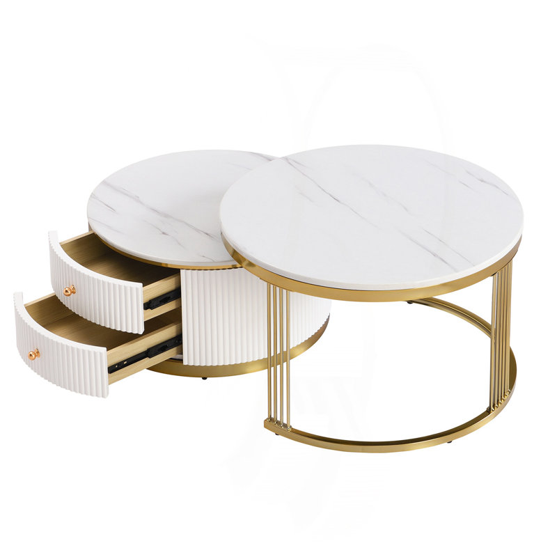 Table basse gigogne moderne 2 pièces avec 2 tiroirs et pieds dorés