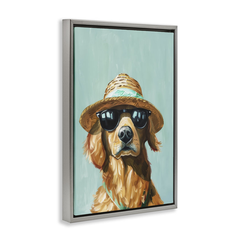 Toile flottante encadrée «Beach Ready Dog» par Petals Prints Design, H 31 po x l 21 po, Cadre flottant gris lustré