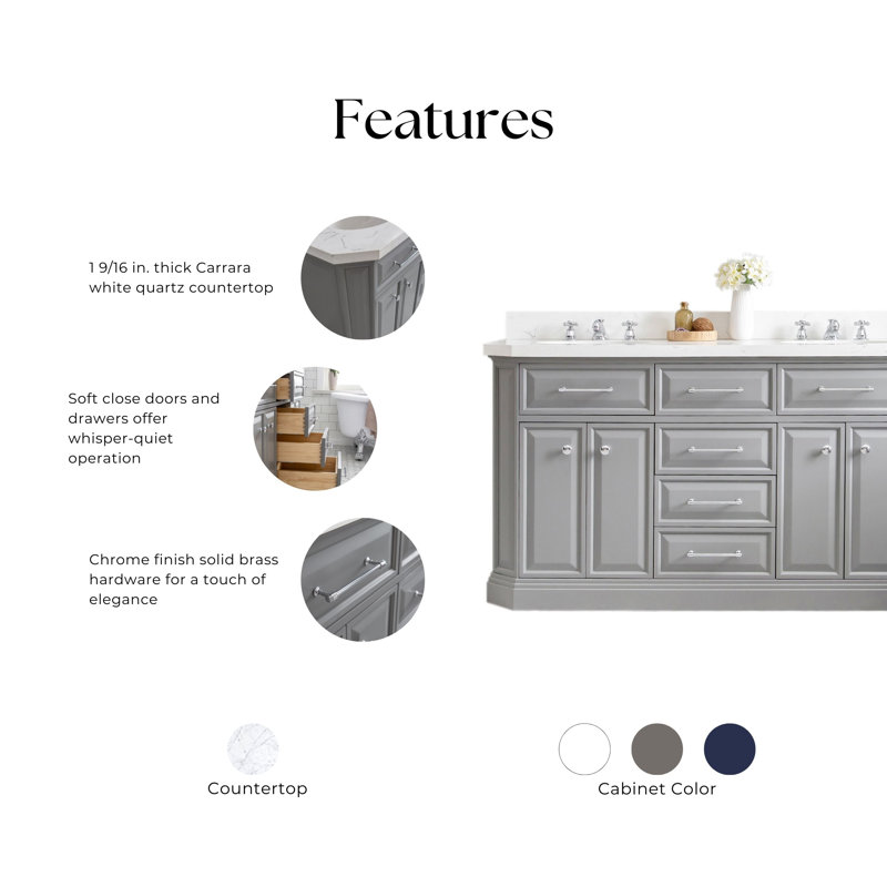 60" Palace Collection Quartz Carrara Cashmere Grey Bathroom Vanity Set With Hardware And F2-0012 Faucets in Chrome Finish