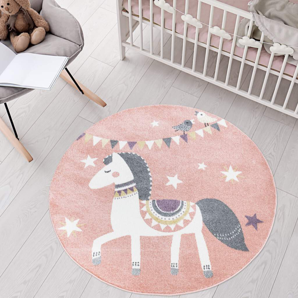 Kinderteppich Anime 890 Rosa Tier Motiv Pferd Wimpel Kinderzimmer Teppich Kurzflor