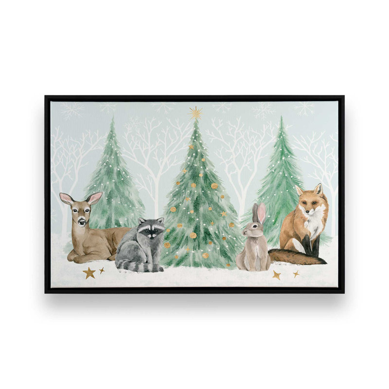 Imprimé d'arbres des Fêtes avec des animaux des bois, Cadre noir, H 8,75 po x l 12,75 po x P 1,75 po