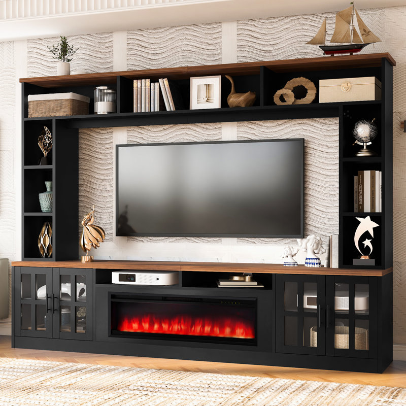 Meuble télé avec foyer Emberline 95,5 po pour téléviseurs jusqu'à 80 po, console centrale multimédia, Black