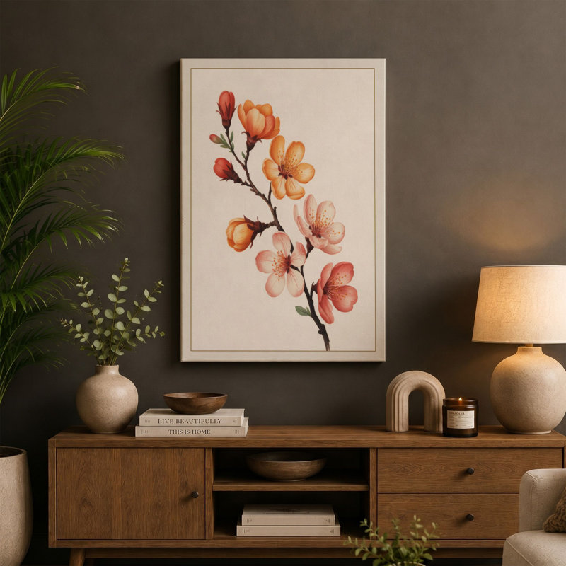 Flowering Branch Study Botanical - Wrapped Canvas, 24x16 - 61.0 x 40.6 cm, Teal Border