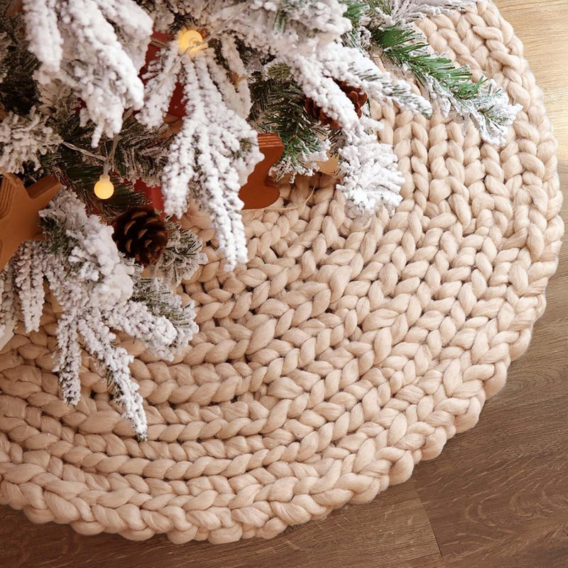 Chunky Knit Christmas Tree Skirt, Crochet Beige Rustic Farmhouse Tree Decor