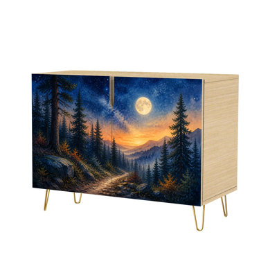 Sideboard Buffet Cabinet with Concealed Storage 2 Doors Forest Mountain Rocky Trail Full Moon Dreamy Pine Trees Sunset Sky Multiuse Cabinet for Living Room, Kitchen and Coffee Bar