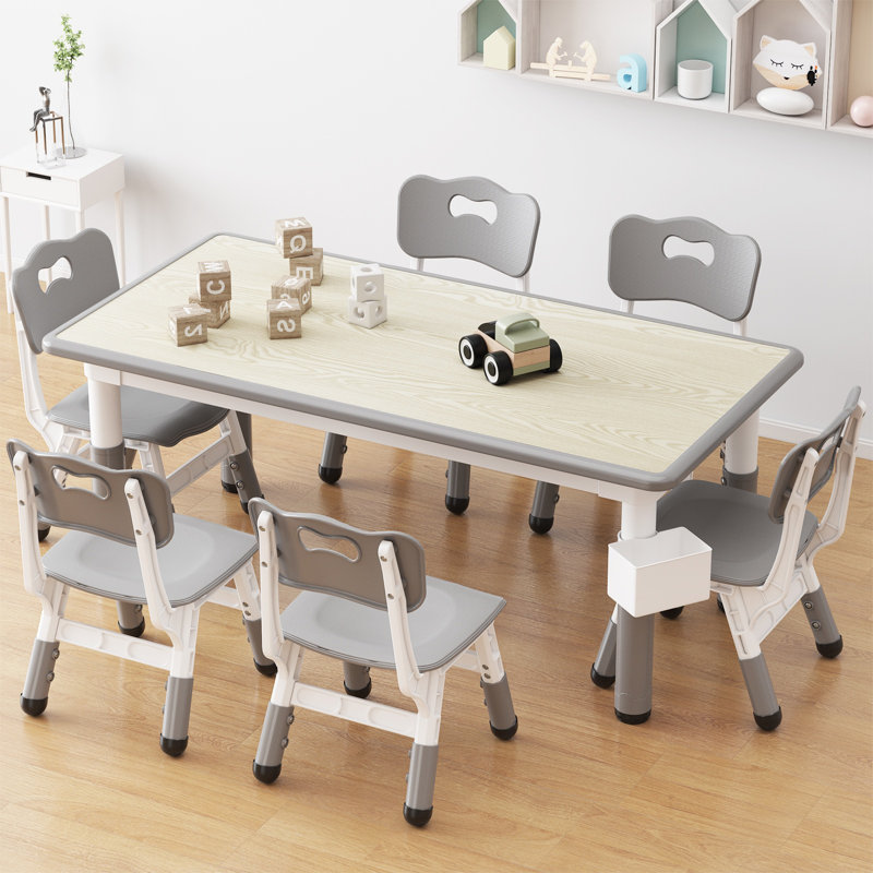Ensemble de table et 6 chaises pour enfants, table d'activités/d'étude à hauteur réglable - Plateau en bois facile à nettoyer, pieds antidérapants, boîte de rangement incluse - Idéal pour la maison, la garderie ou un coin bureau - Gris pâle
