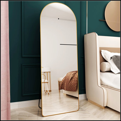 Miroir pleine grandeur à fixation au sol de quatrième génération, cadre en alliage d'aluminium arqué pour la salle de bain et la chambre à coucher