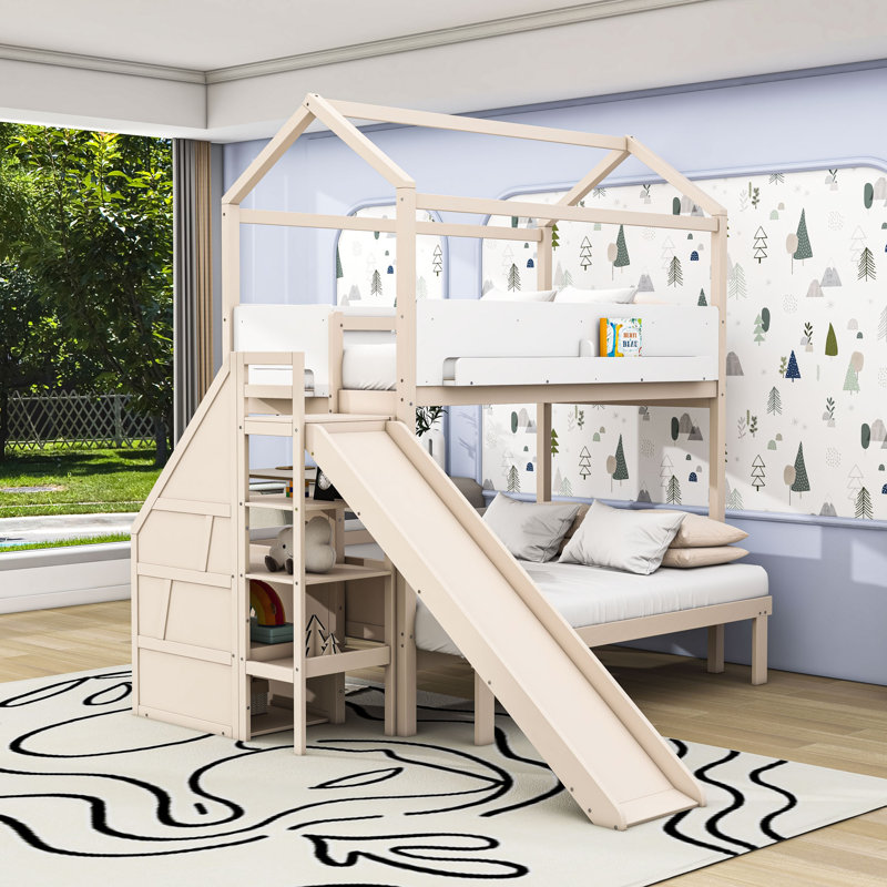 Wooden Twin Over Twin/Full Loft Bunk Bed with Playful Slide, Beige White