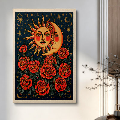 Vintage Bohemian Celestial Sun Moon Rose Canvas Wall Art Wrapped Print 30x20 Inch - Living Room Decor