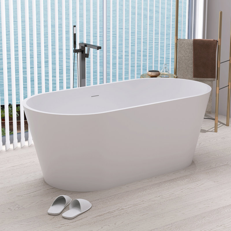 63-Inch Oval Freestanding Solid Surface Soaking Bathtub With Drain