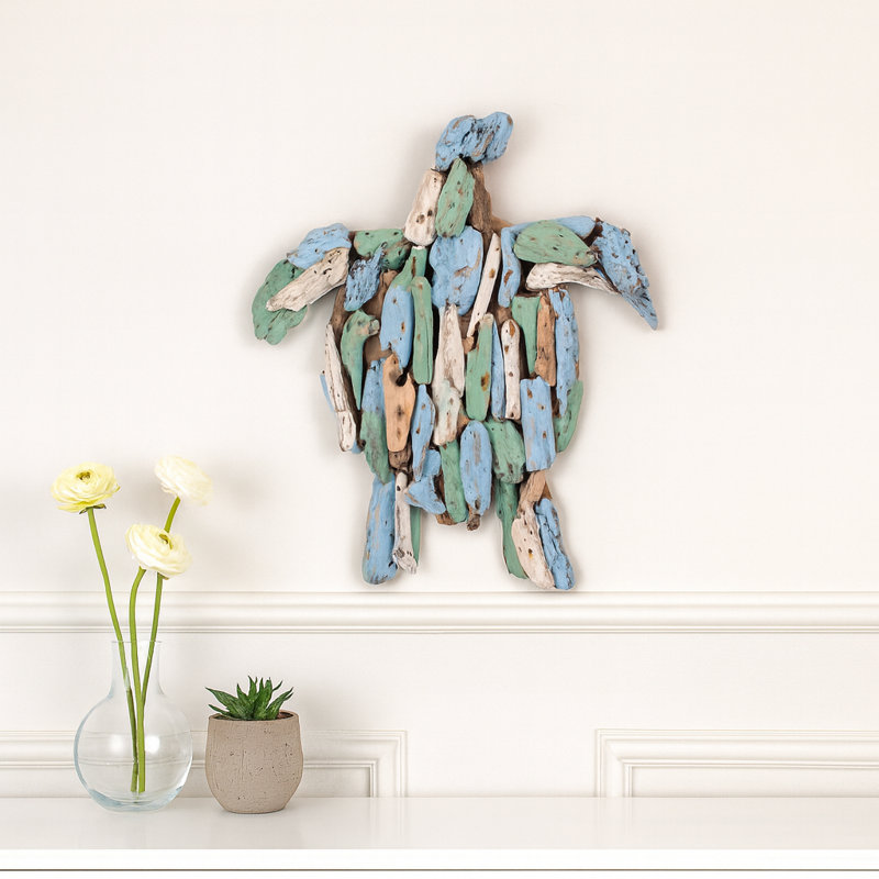 Bywood Wooden Decorative Turtle Figurine Sculpture Ideal for Living Room Decoration - Coastal Statue Inspired for Bedroom, or Home Decor 15", Blue & Green