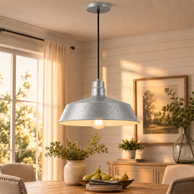 17-inch Industrial Galvanized Pendant Barn Light Fixture with 10ft Adjustable Cord, Ceiling-Mounted Vintage Hanging Light Fixture for Indoor Use, 120V Hardwire, E26 Base LED Compatible, UL Listed
