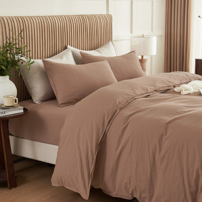 Linen Cotton Duvet Cover Set with Hidden Zipper Closure(Full, Clay)