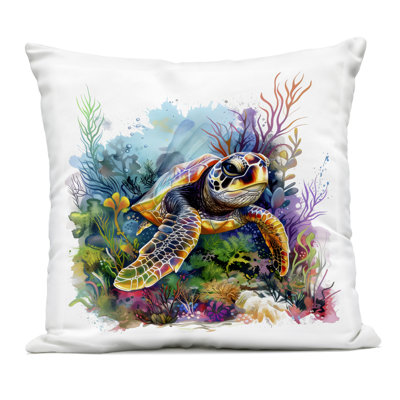 Sea Turtle & Vivid Coral Reef Outdoor Printed Pillow, design by LSR Design Studio