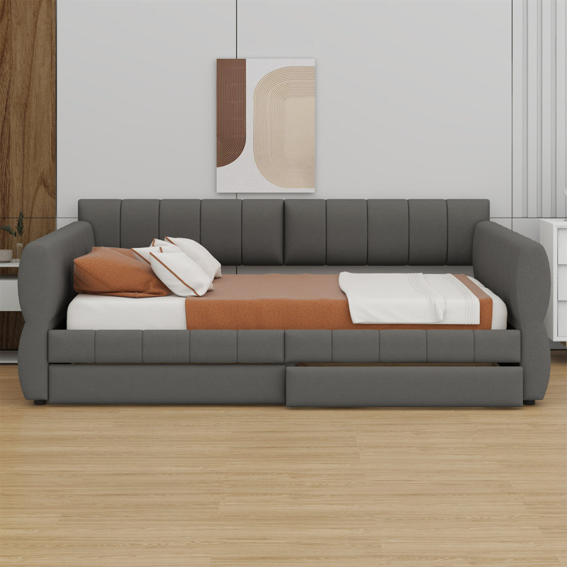 Lit plateforme tapissier avec port USB et 2 tiroirs, Gris