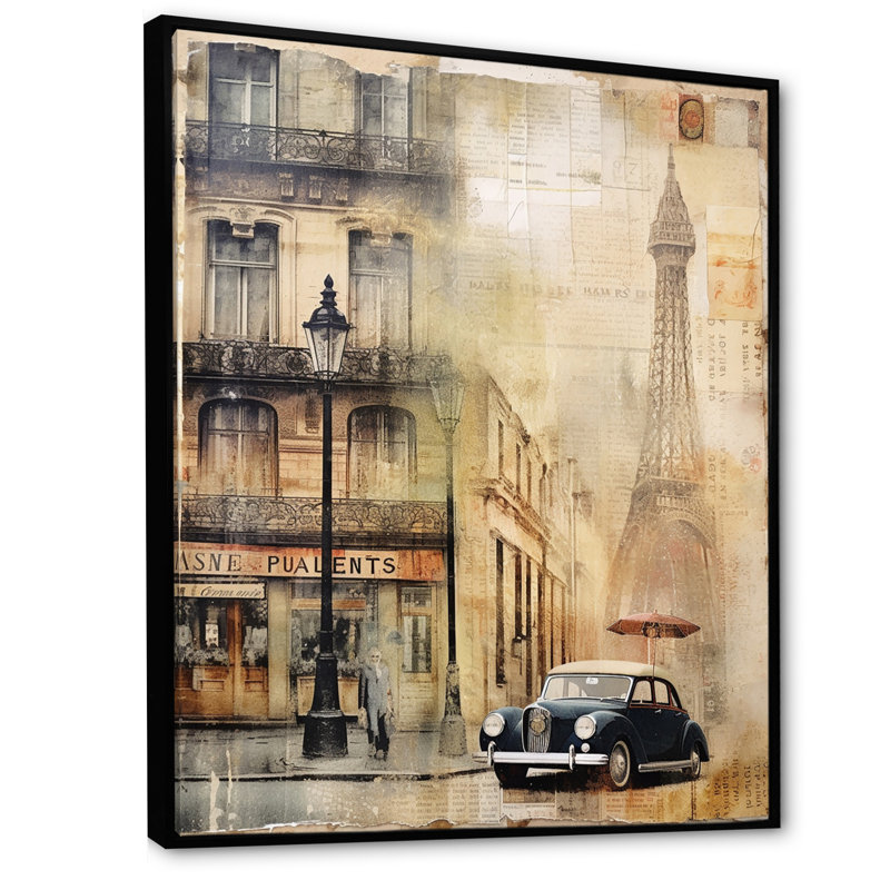 Paris Chronicles, collage rétro sur toile, Cadre flottant noir, H 40 po x l 30 po x P 1,5 po